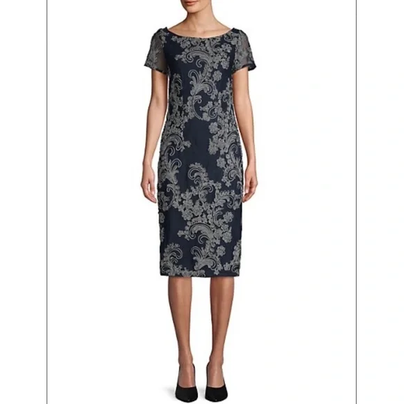 JS Collections | Dresses | New Js Collections Floral Lace Embroidery  Applique Navy Silver Cocktail Dress 6 | Poshmark